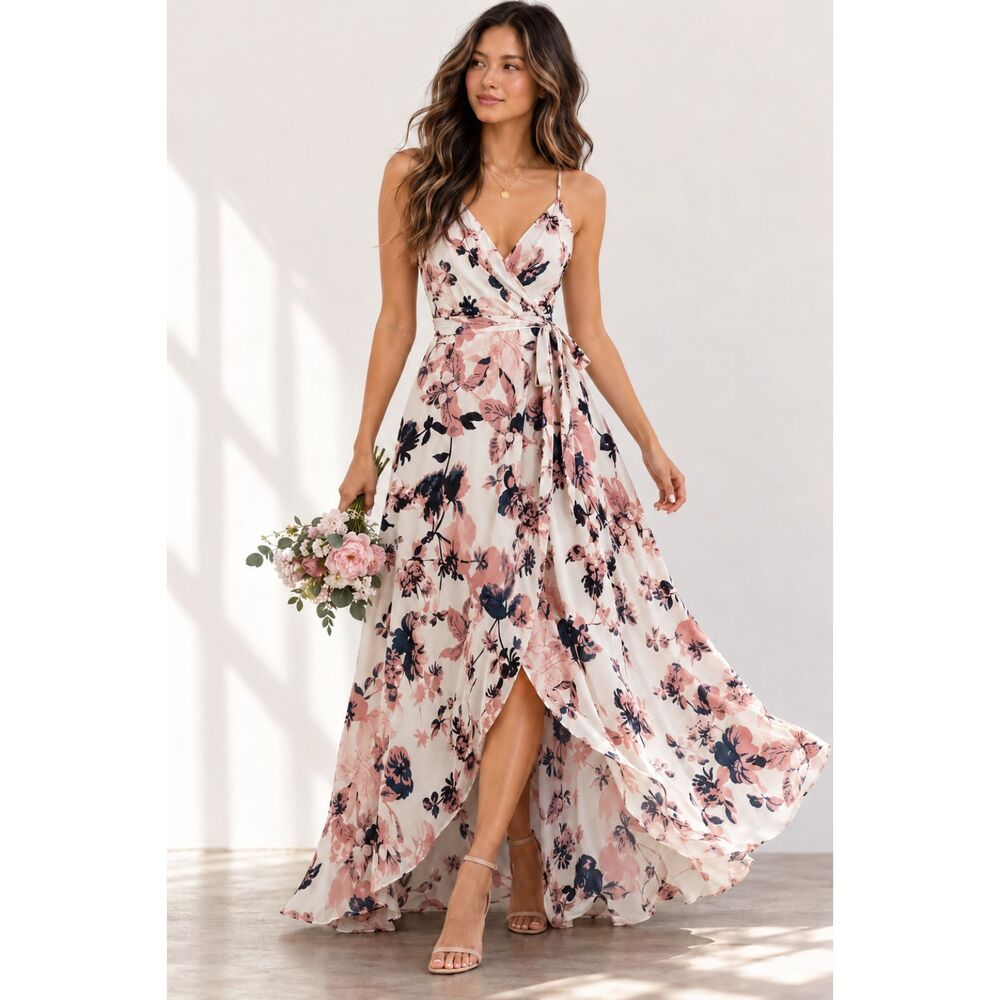 Yumi Kim Floral Wrap Maxi Dress Ivory Pink Navy Spaghetti Strap Size S
